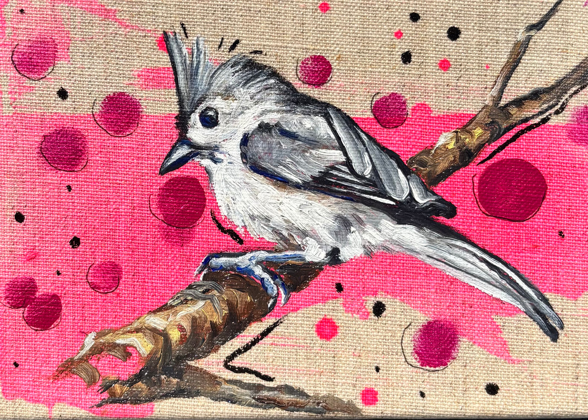 Tufted Titmouse on Linen - Original 5x7