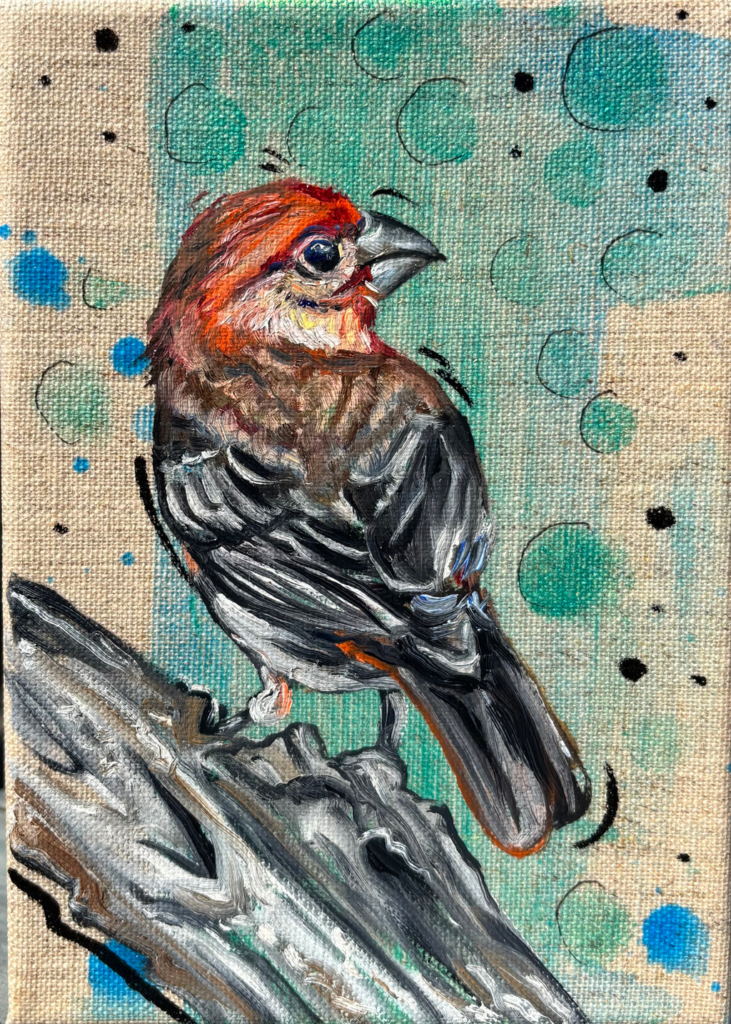 House Finch on Linen - Original 5x7 (Copy 2)