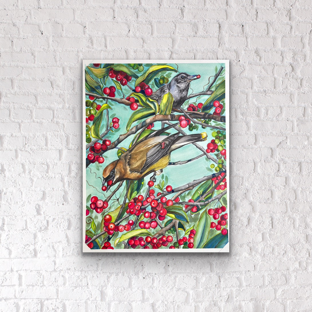 Waxwing Bird Watercolor Painting
